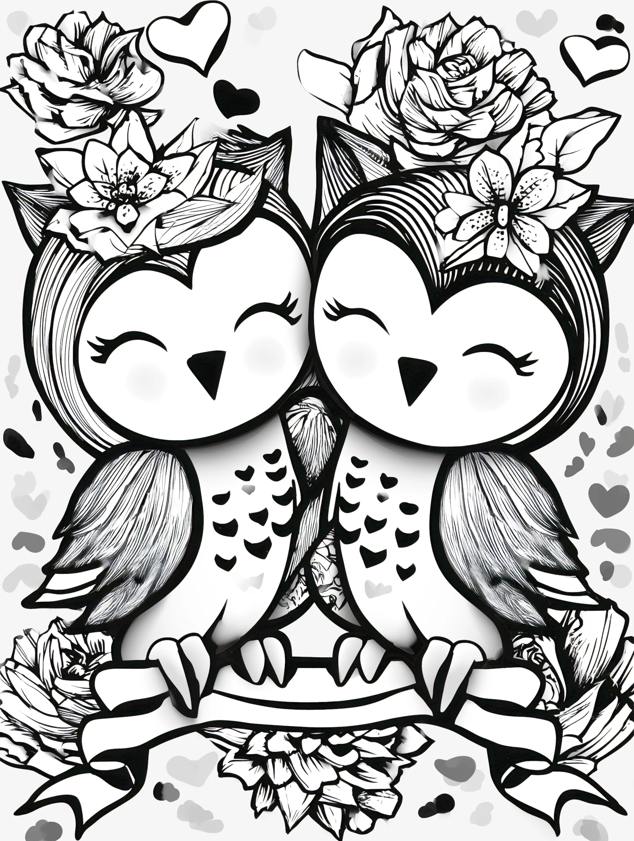 Free printable valentines coloring pages for adults featuring owls nuzzling